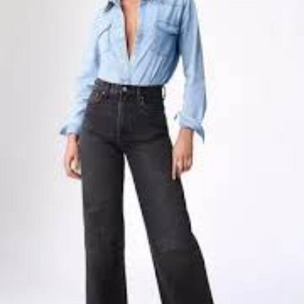 Denim Forum The Coco High Rise Wide Leg 33L Black Jeans Size 24